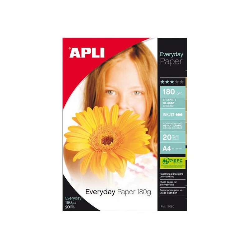 Papel fotográfico brillante Apli Everyday - A4 - 180g - Inkjet - Pack 20 hojas