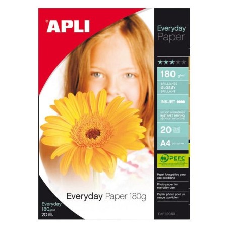 Papel fotográfico brillante Apli Everyday - A4 - 180g - Inkjet - Pack 20 hojas