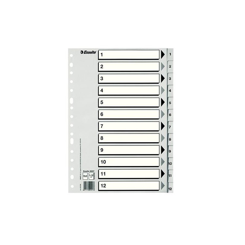Índice numérico Esselte - PP - Folio - 12 posiciones - Color gris