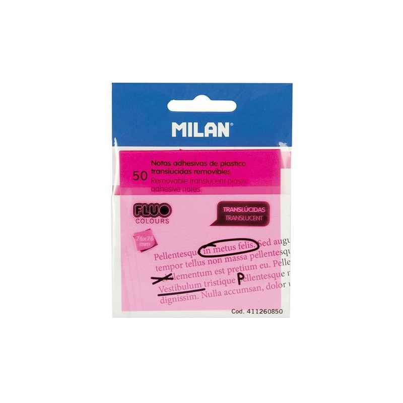 Notas adhesivas translúcidas Milan- 50 hojas - 76 x 76 mm - Color rosa neón