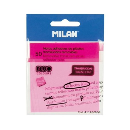 Notas adhesivas translúcidas Milan- 50 hojas - 76 x 76 mm - Color rosa neón
