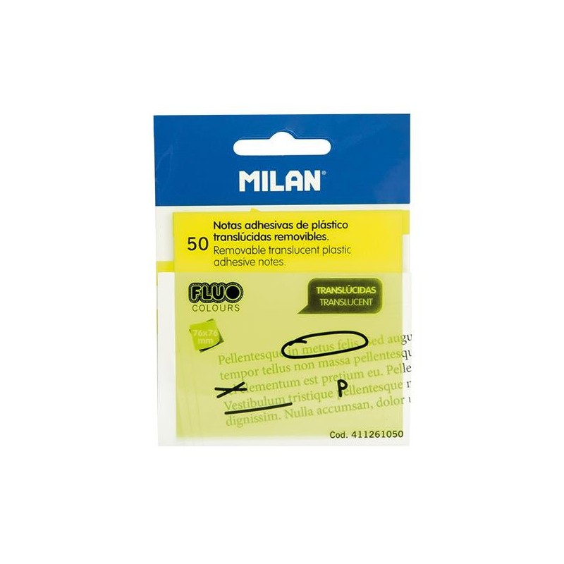 Notas adhesivas translúcidas Milan- 50 hojas - 76 x 76 mm - Color amarillo neón