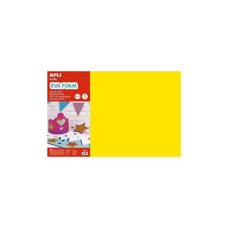 Lámina goma eva Apli - 40 x 60 cm - Grosor 2 mm - Color amarillo - Pack 5 ud