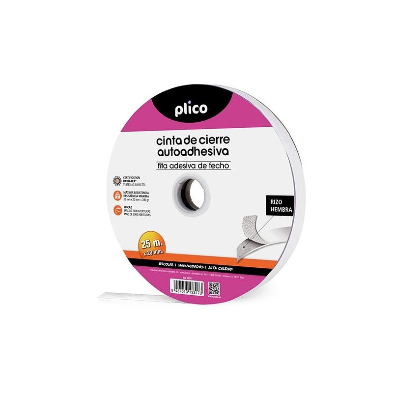 Cremalleta textil Plico - Autoadhesiva - 25 mm - Hembra - Color blanco