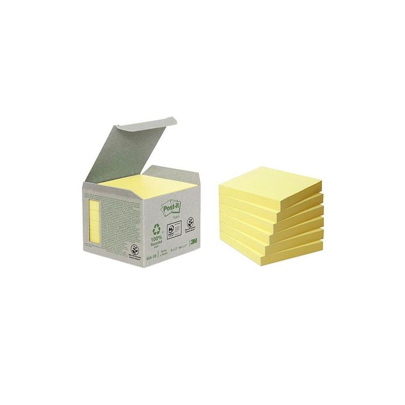 Notas adhesivas recicladas Post-it - 100 hojas - 76 x 76 mm - Color amarillo - Pack 6 blocs
