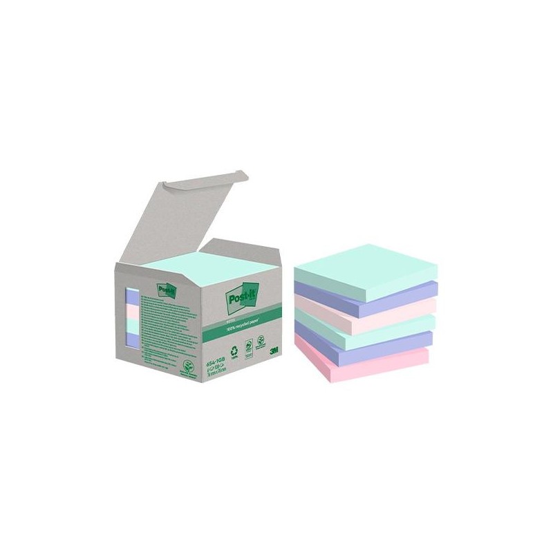 Notas adhesivas recicladas Post-it - 100 hojas - 76 x 76 mm - Colores surtidos pastel - Pack 6 blocs
