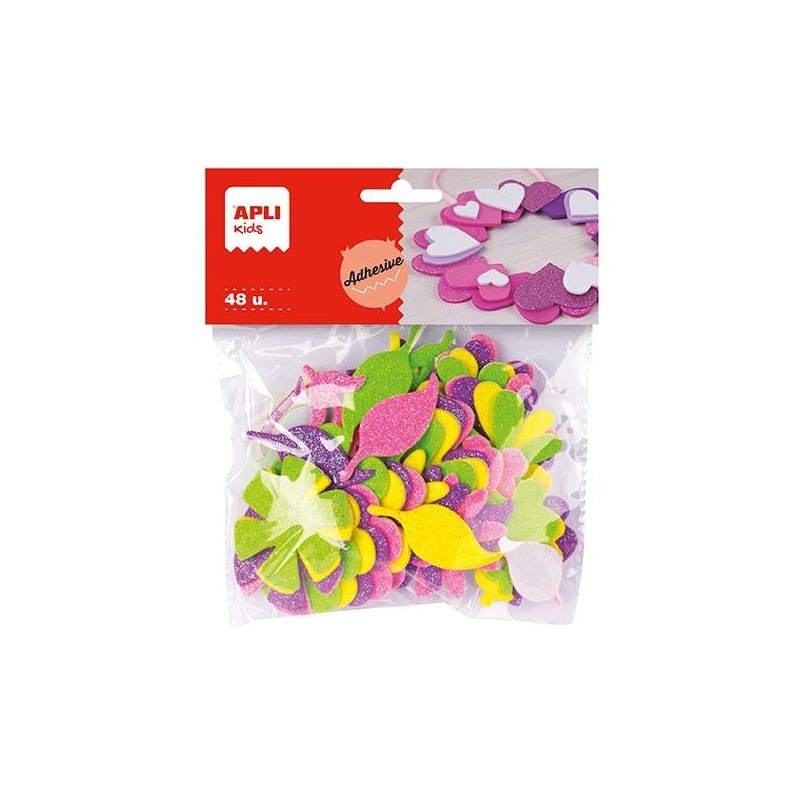 Formas goma eva adhesiva Apli - Flores purpurina - Colores surtidos - Bolsa 48 ud Formas goma eva adhesiva Apli - Flores purpurina - Colores surtidos - Bolsa 48 ud