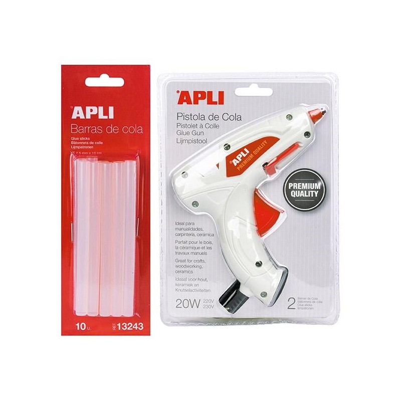 Pistola cola termofusible Apli Premium - 20 W - 7,5 mm - Incluye 2 barras de cola Pistola cola termofusible Apli Premium - 20 W - 7,5 mm - Incluye 2 barras de cola