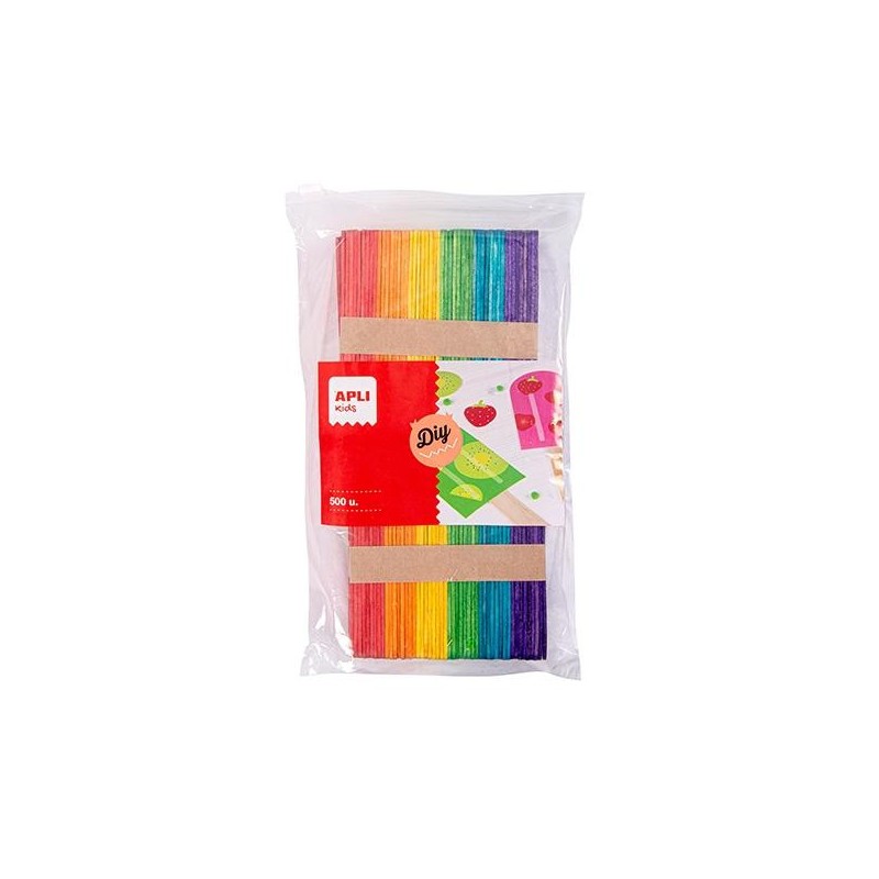 Palos polo de madera Apli - 114 x 10 mm - Colores surtidos - Bolsa 500 ud Palos polo de madera Apli - 114 x 10 mm - Colores surtidos - Bolsa 500 ud