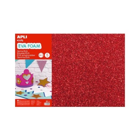 Lámina goma eva purpurina Apli - 40 x 60 cm - Grosor 2 mm - Color rojo - Pack 3 ud