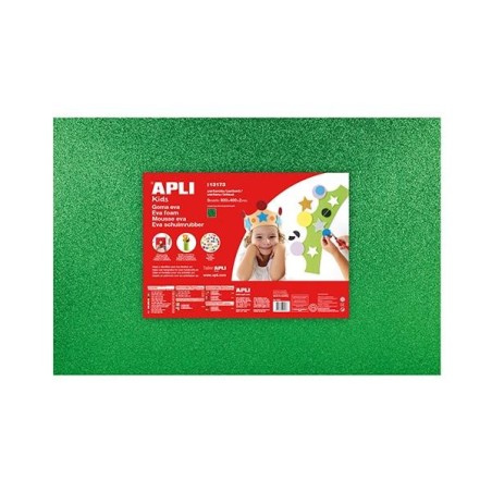 Lámina goma eva purpurina Apli - 40 x 60 cm - Grosor 2 mm - Color verde - Pack 3 ud