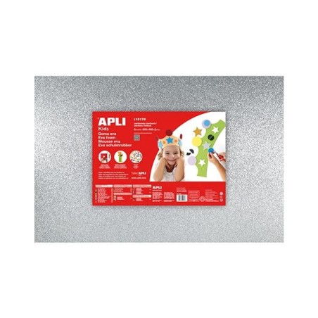 Lámina goma eva purpurina Apli - 40 x 60 cm - Grosor 2 mm - Color plata - Pack 3 ud