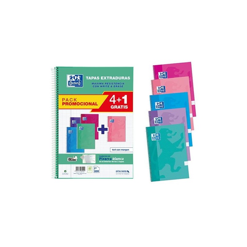 Cuaderno Oxford - Espiral - Cartón extra duro - Folio - 4x4 - 80 hojas - 90 g - Colores tendencia - Pack 4+1