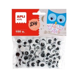 Ojos móviles adhesivos Apli - Redondos - Tamaños surtidos - Color negro - Bolsa 100 ud
