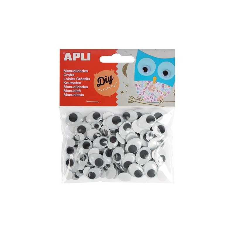 Ojos móviles adhesivos Apli - Ovalados - Tamaños surtidos - Color negro - Bolsa 100 ud