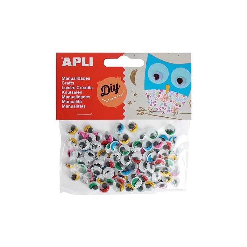 Ojos móviles adhesivos Apli - Redondos con pestañas - 10 mm - Colores surtidos - Bolsa 100 ud