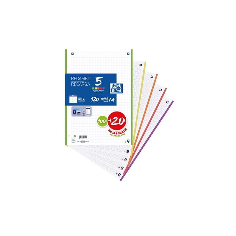 Recambio Oxford - A4 - 5x5 - 90 g - 100 hojas + 20 gratis - Colores vivos Recambio Oxford - A4 - 5x5 - 90 g - 100 hojas + 20 gratis - Colores vivos