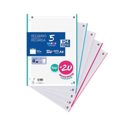Recambio Oxford - A4 - 5x5 - 90 g - 100 hojas + 20 gratis - Colores pastel