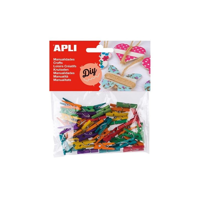Mini pinzas de madera Apli - 25 x 3 mm - Colores surtidos - Bolsa 45 ud