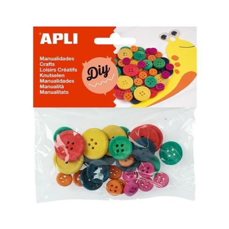 Botones de madera Apli - Tamaños surtidos - Colores surtidos - Bolsa 30 ud