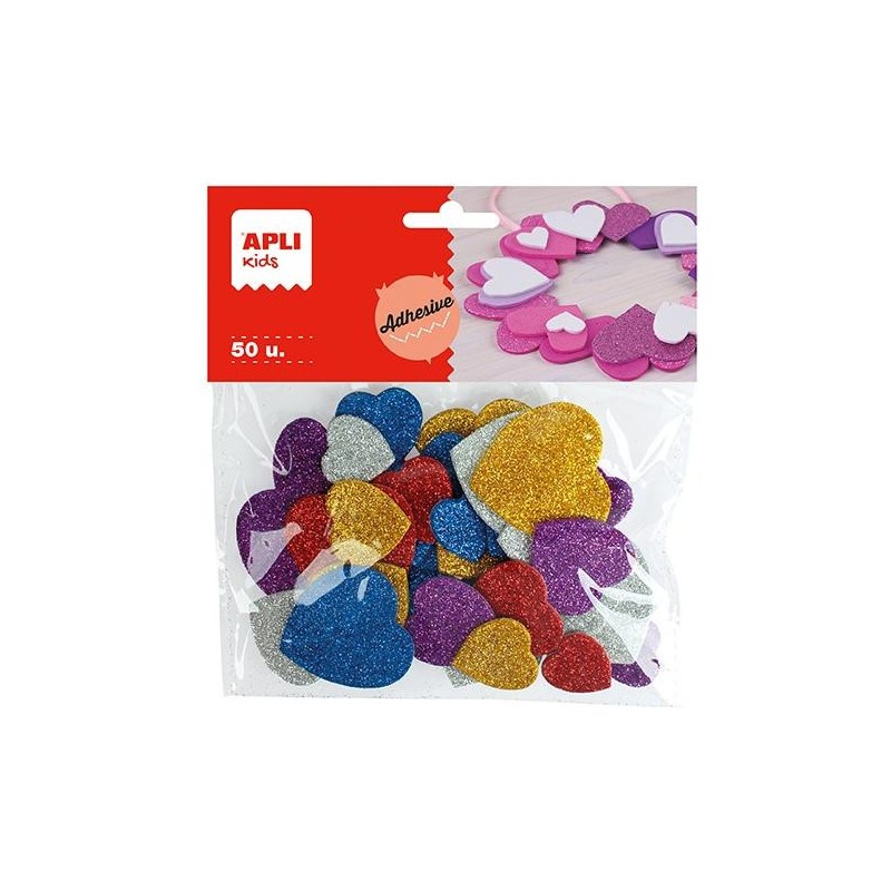 Formas goma eva adhesiva Apli - Corazones purpurina - Colores surtidos - Bolsa 50 ud Formas goma eva adhesiva Apli - Corazones purpurina - Colores surtidos - Bolsa 50 ud
