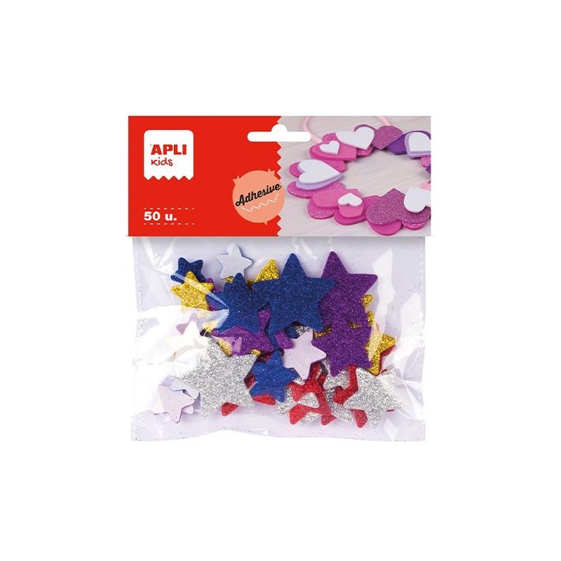 Formas goma eva adhesiva Apli - Estrellas purpurina - Colores surtidos - Bolsa 50 ud Formas goma eva adhesiva Apli - Estrellas purpurina - Colores surtidos - Bolsa 50 ud