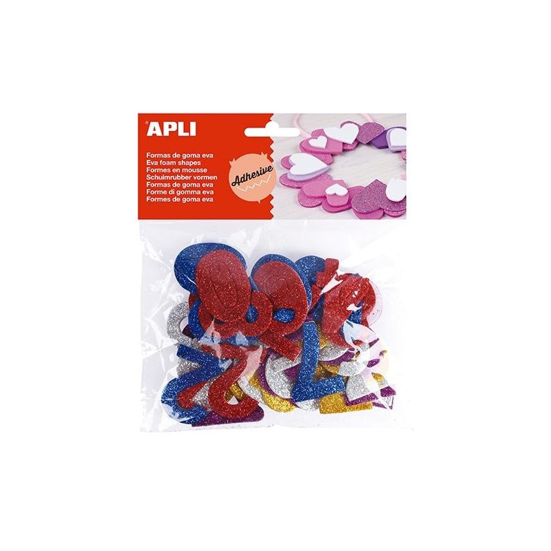 Formas goma eva adhesiva Apli - Números purpurina - Colores surtidos - Bolsa 50 ud