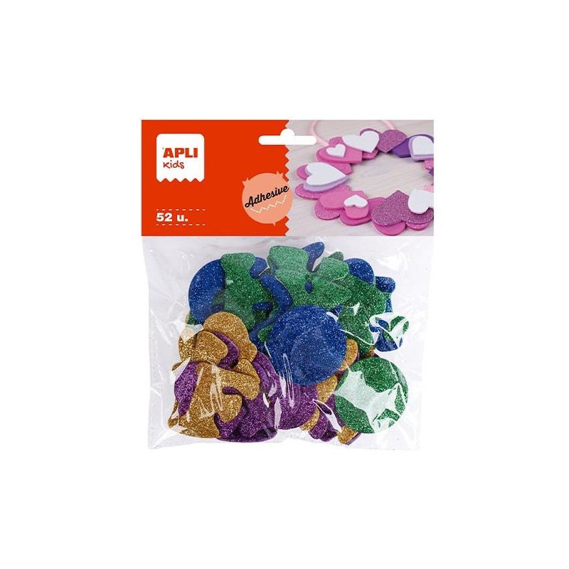 Formas goma eva adhesiva Apli - Letras purpurina - Colores surtidos - Bolsa 52 ud