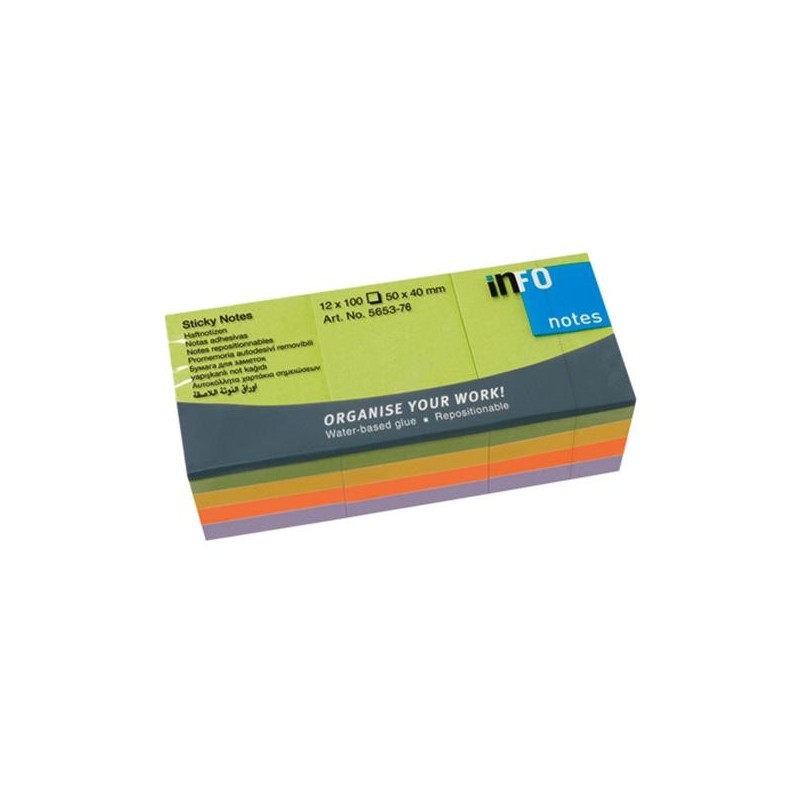 Notas adhesivas Info Notes - 100 hojas - 50 x 40 mm - Colores neón - Pack 12 blocs