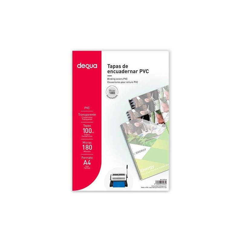 Tapa de encuadernar Dequa - PVC - 180 micras - A4 - Color transparente - Caja 100 ud