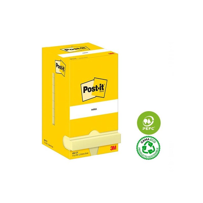 Notas adhesivas Post-it - 100 hojas - 76 x 76 mm - Color amarillo - Pack 12 blocs