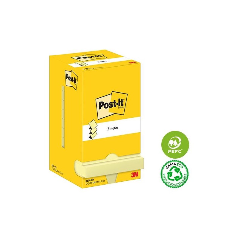 Notas adhesivas Z-Notas Post-it - 100 hojas - 76 x 76 mm - Color amarillo - Pack 12 blocs