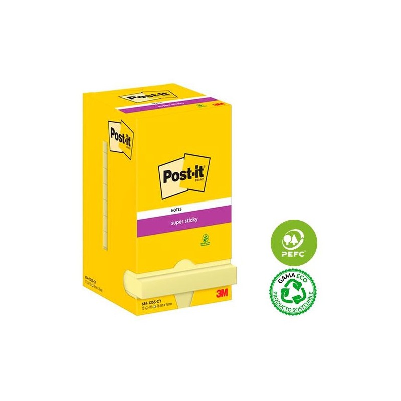 Notas adhesivas Post-it Super Sticky - 90 hojas - 76 x 76 mm - Color amarillo - Pack 12 blocs