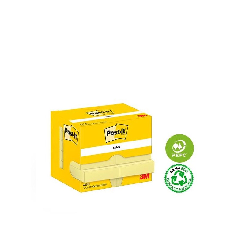 Notas adhesivas Post-it - 100 hojas - 38 x 51 mm - Color amarillo - Pack 12 blocs Notas adhesivas Post-it - 100 hojas - 38 x 51 mm - Color amarillo - Pack 12 blocs