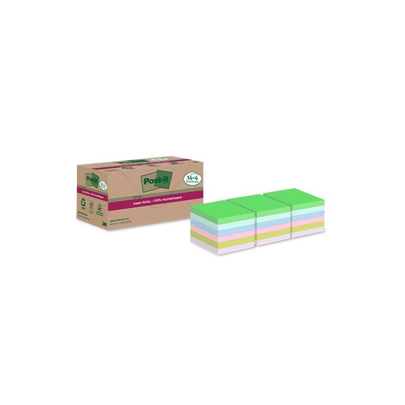 Notas adhesivas Post-it Super Sticky recicladas - 70 hojas - 76 x 76 mm - Colores sutidos - Pack 14 + 4 gratis Notas adhesivas Post-it Super Sticky recicladas - 70 hojas - 76 x 76 mm - Colores sutidos - Pack 14 + 4 gratis