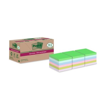 Notas adhesivas Post-it Super Sticky recicladas - 70 hojas - 76 x 76 mm - Colores sutidos - Pack 14 + 4 gratis