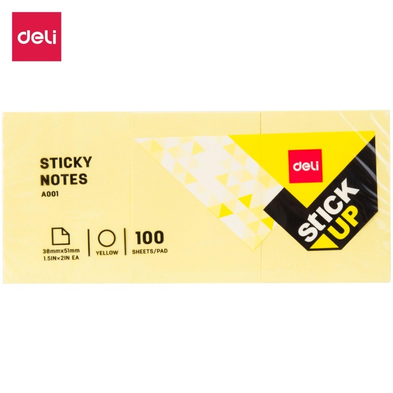 Notas adhesivas Deli Stick Up - 100 hojas - 38 x 51 mm - Color amarillo - Pack 3 blocs