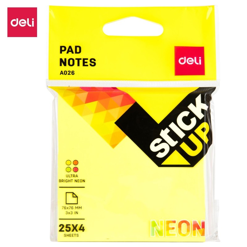 Notas adhesivas Deli Stick Up - 4 x 25 hojas - 76 x 76 mm - Colores neón surtidos