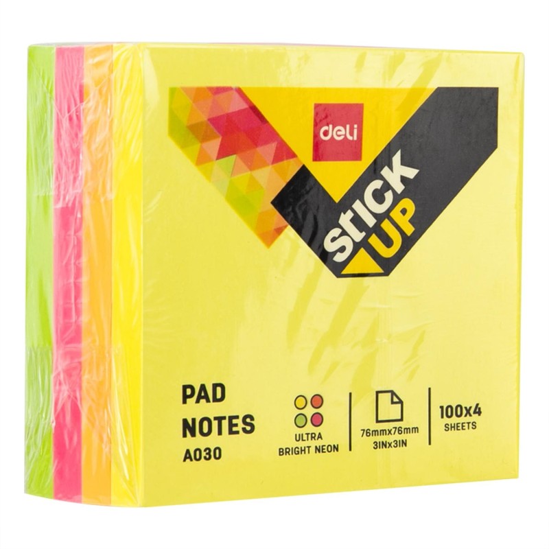 Cubo de notas adhesivas Deli Stick Up - 4 x 100 hojas - 76 x 76 mm - Colores neón surtidos