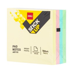 Cubo de notas adhesivas Deli Stick Up - 4 x 100 hojas - 76 x 76 mm - Colores pastel surtidos