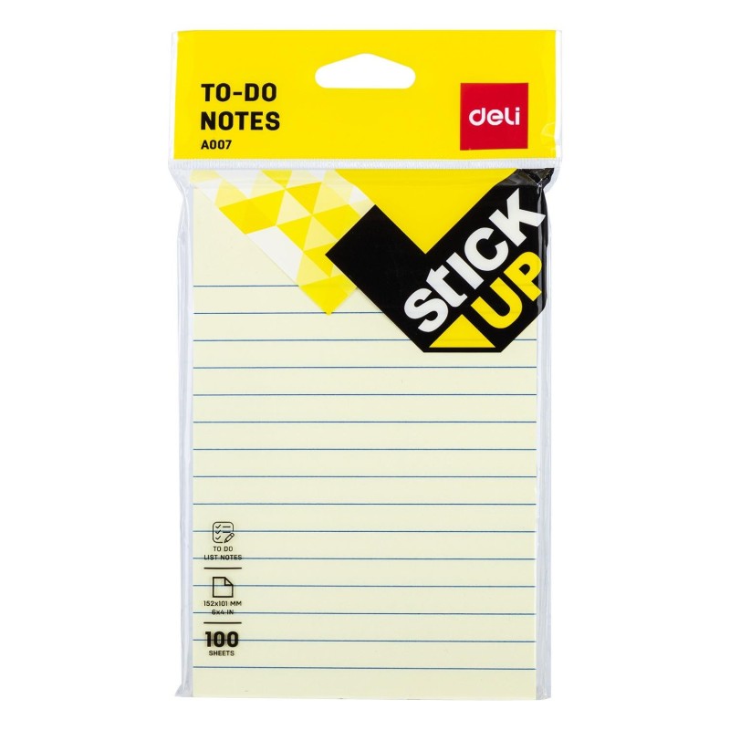 Notas adhesivas rayadas Deli Stick Up - 100 hojas - 152 x 101 mm - Color amarillo