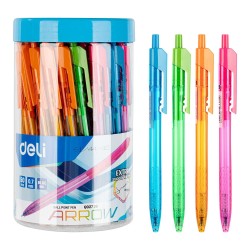 Bolígrafo retráctil Deli Arrow - Punta 0,7 mm - Color azul - Cuerpo colores surtidos - Bote 50 ud.