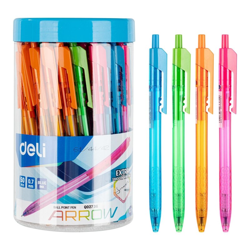 Bolígrafo retráctil Deli Arrow - Punta 0,7 mm - Color azul - Cuerpo colores surtidos - Bote 50 ud.