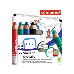 Marcador pizarra Stabilo Markdry - Sacapuntas - Paño de limpieza - Colores surtidos - Pack 4 ud
