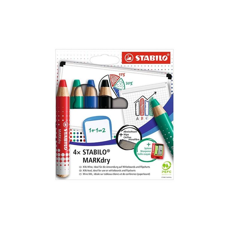 Marcador pizarra Stabilo Markdry - Sacapuntas - Paño de limpieza - Colores surtidos - Pack 4 ud Marcador pizarra Stabilo Markdry - Sacapuntas - Paño de limpieza - Colores surtidos - Pack 4 ud