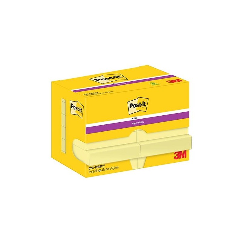 Notas adhesivas recicladas Post-it Super Sticky - 90 hojas - 47,6 x 47,6 mm - Color amarillo - Pack 12 blocs