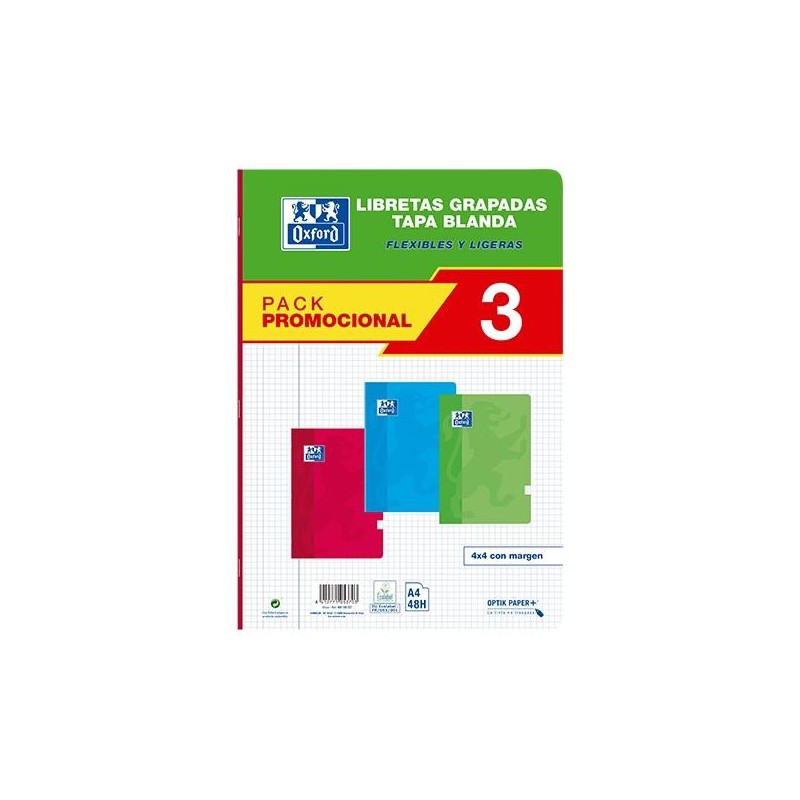 Libreta Oxford - Grapada - Tapa blanda - A4 - 4x4 - 48 hojas - 90 g - Colores surtidos - Pack 3 ud.