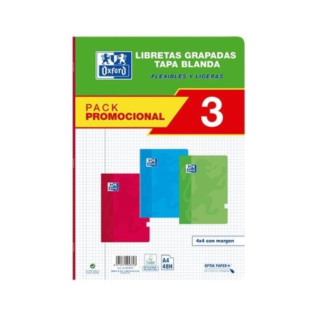 Libreta Oxford - Grapada - Tapa blanda - A4 - 4x4 - 48 hojas - 90 g - Colores surtidos - Pack 3 ud.