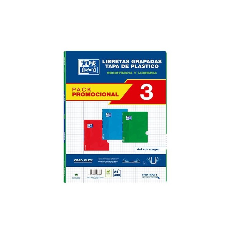 Libreta Oxford OpenFLex - Grapada - Tapa plástico translúcida - A4 - 4x4 - 48 hojas - 90 g - Colores surtidos - Pack 3 ud. Libreta Oxford OpenFLex - Grapada - Tapa plástico translúcida - A4 - 4x4 - 48 hojas - 90 g - Colores surtidos - Pack 3 ud.