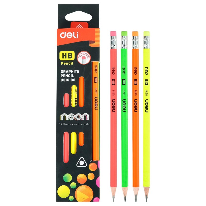 Lápiz grafito Deli Extend Extend Scribe Neon - HB - Con goma - Colores surtidos (PACK INDIVISIBLE DE 12 UNIDADES)